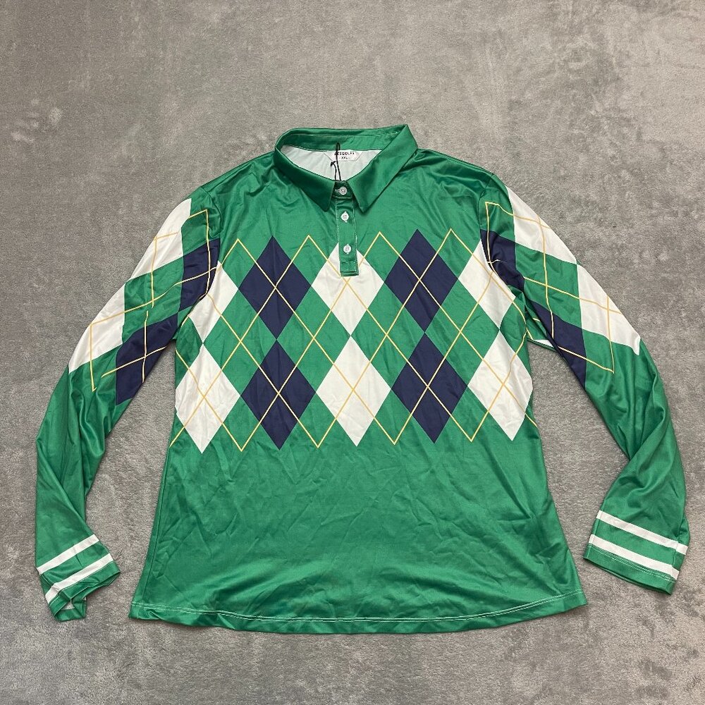 Long Sleeve Green Argyle Polo Top